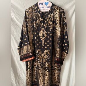 Elegant Black and Gold Silk Organza Kurta Beaded Button Detail Size XL 14 16